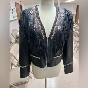 Black Fringe Leather Jacket hand beaded soft as butter, short jacket
